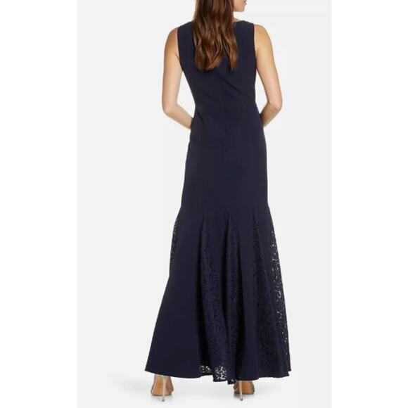 Eliza J Laguna Gown Women’s 4 Navy Blue Crepe Lace Inset Mermaid Trumpet‎ Dress - Picture 2 of 15